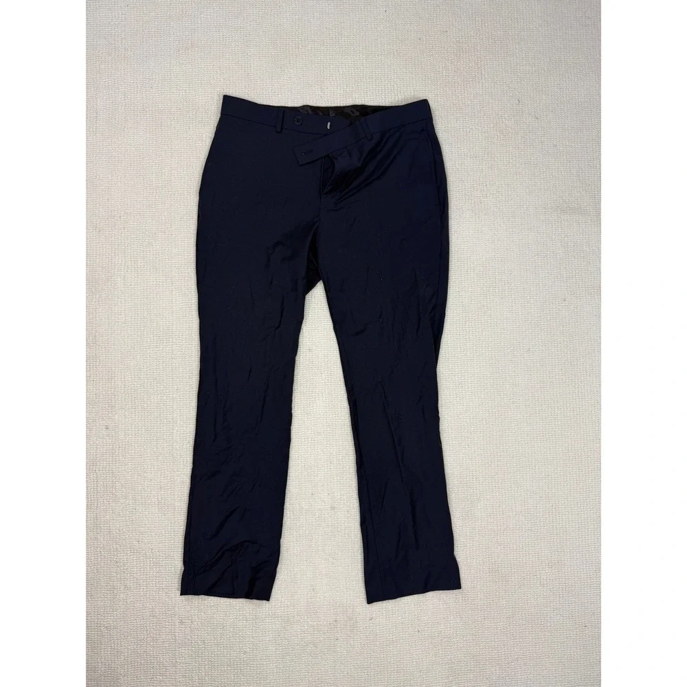 Calvin Klein Mens Navy Blue Wool Blend Stretch Dress Pants 33W‎ x 30L Flat Front